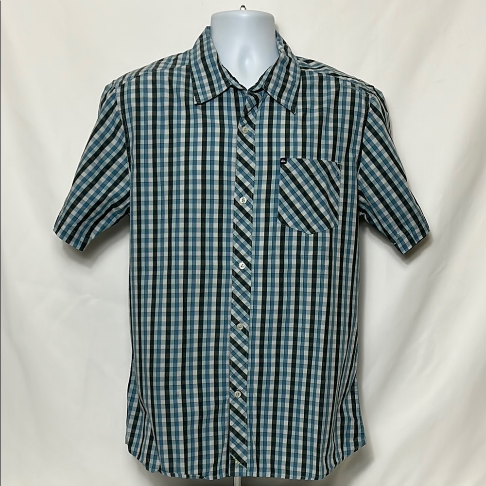 Quicksilver Men's Large Blue Gray Plaid Casual Button Front Short Sleeve Shirt